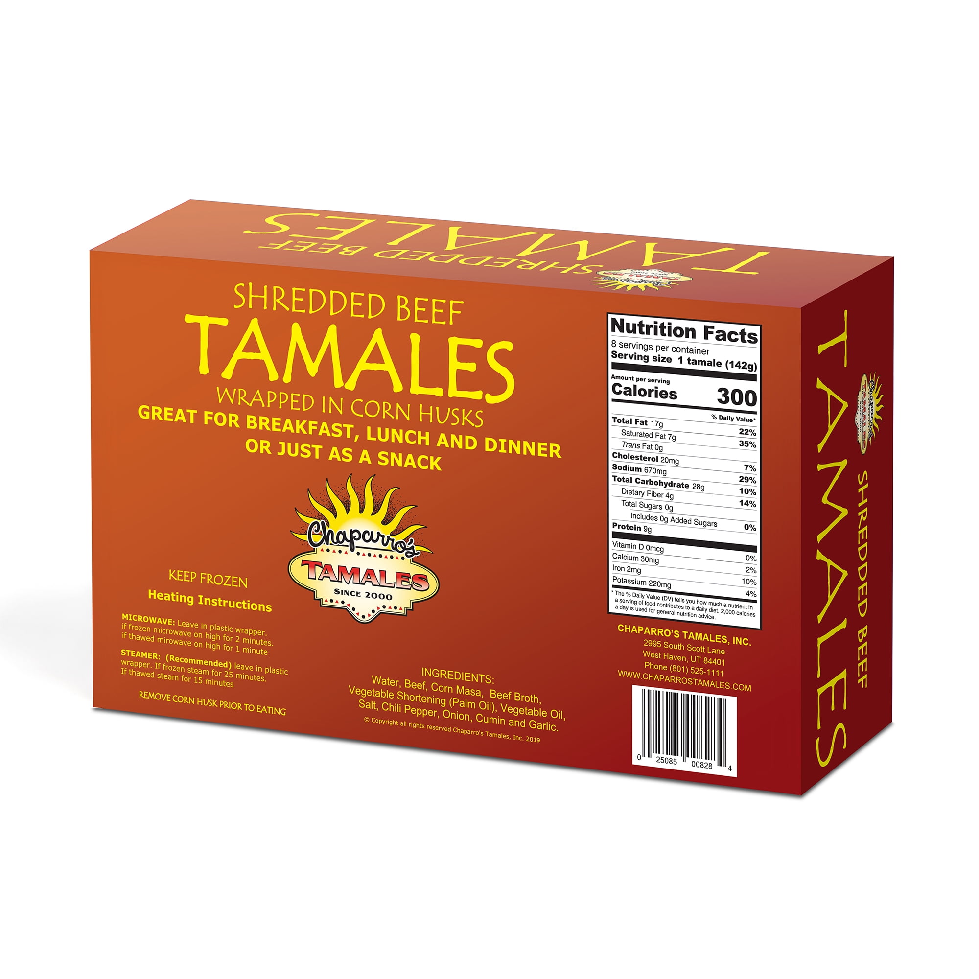 Chaparros Tamales, Shredded Beef Red Chili, Frozen, 8 pack, 40 oz Box, Tamales ,Gluten Free, All Natural