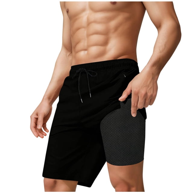 Mens Vestido Pantalones Doble Capa Elástica Cintura Luz Fuga para Secar Pantalones de Baño de Moda para Hombres