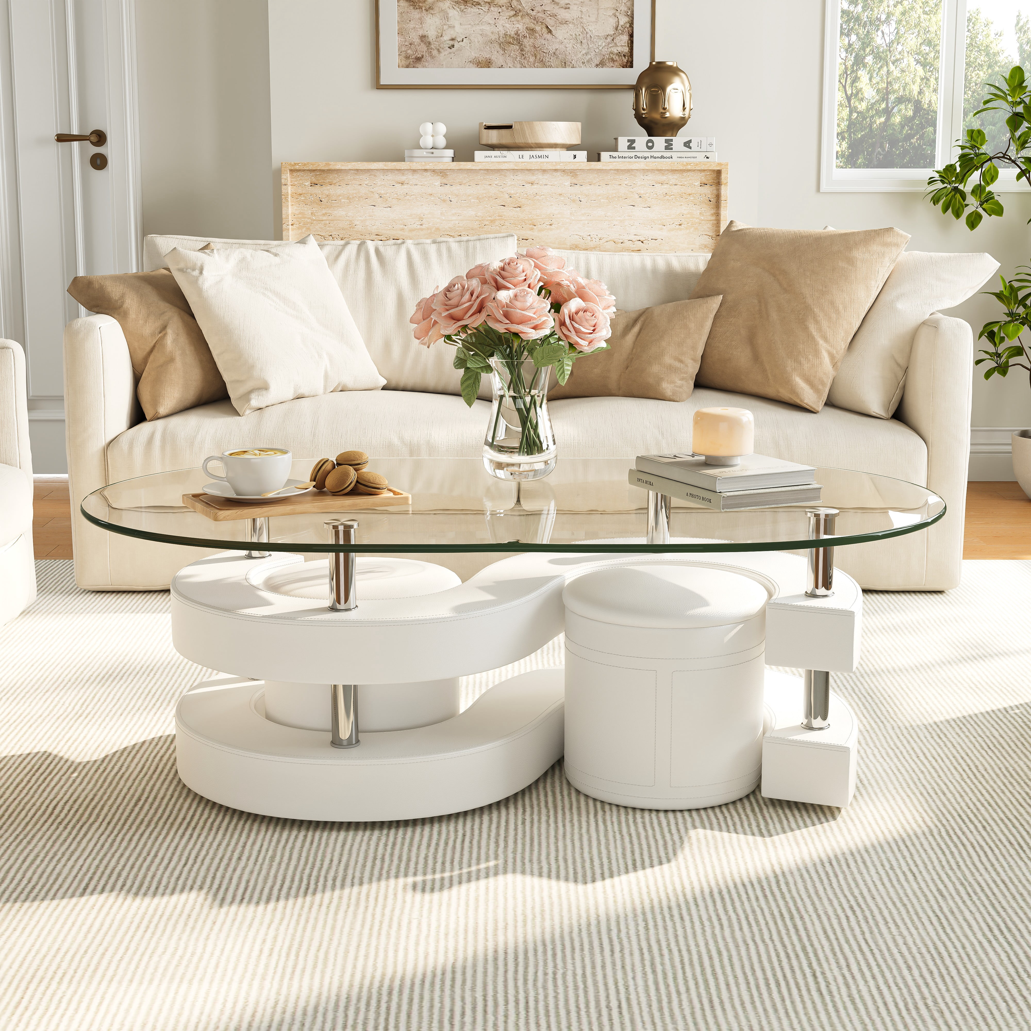 3 Pieces Coffee Table Set, 0.39" Tempered Glass Top and S Shape Base, Oval Modern Coffee Table with 2 Leather Stools, Accent Coffee Table for Living Room Bedroom
