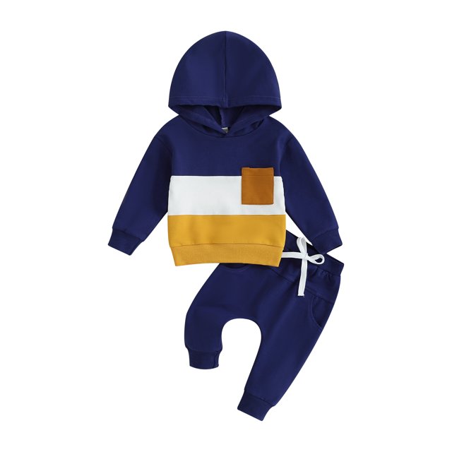 xiaxaixu Toddler Boy Autumn Clothes Contrast Color Patchwork Long Sleeve Hoodies Solid Color Pants 2Pcs Outfit