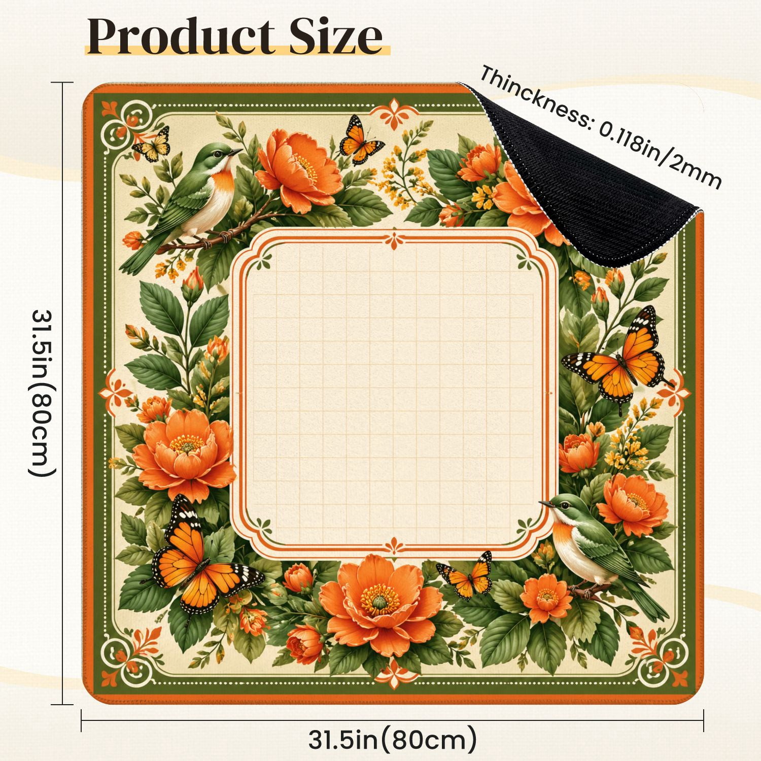 Mahjong Mat 31.5" x 31.5" Orange Peony Green Bird Floral Frame Butterflies Non-Slip Noise Reduction Mahjong Tiles Table Cover for Dominoes Poker Card Board and Tile Games