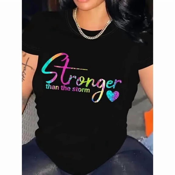 Inspirational Pattern Tee, "Stronger Than The Storm" Motivational Graphic T-Shirt - Crew Neck Short Sleeve Casual Top, Size(S-5XL)