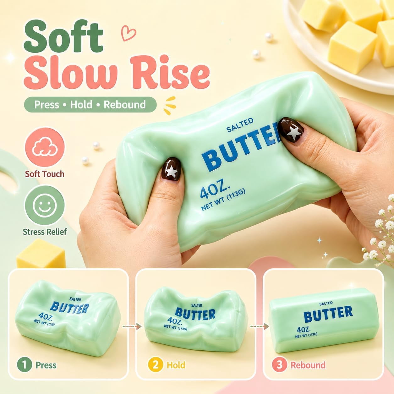 Crunchy Butter Squishy Asmr Bead Filled, Slow Rising Squeeze | Crunchy Butter Squishies Realistic Food Stress Stick Rebound Calming Desk Decor Favor Gifts for Adults(Yellow Butter)