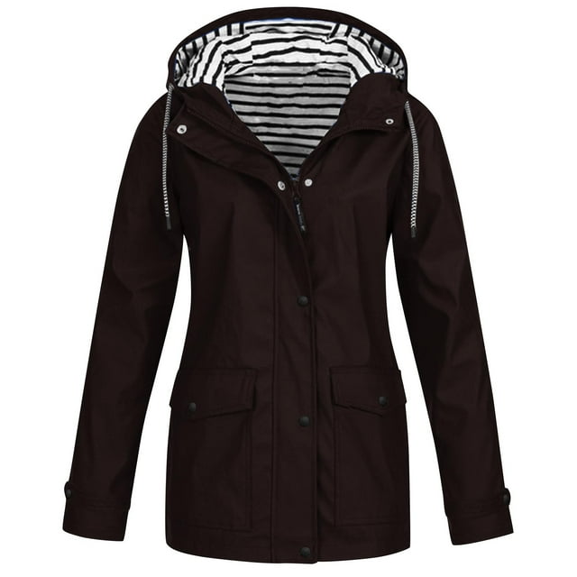 LMKIHUSA Manteau de Pluie pour Femmes Plus Imperméable Uni Complet Zip Vestes Amples Plein Air Randonnée Manteaux à Cordon avec Capuchons 2025 Brun,G