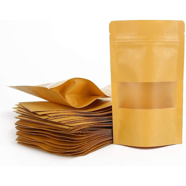 100 Stck 9 X 14 Cm Bolsa de papel Kraft con ventana, Bolsa de alimentos Kraft, Bolsa Kraft, Bolsa Kraft reutilizable y hermética con cierre hermético para envasar semillas y bocadillos