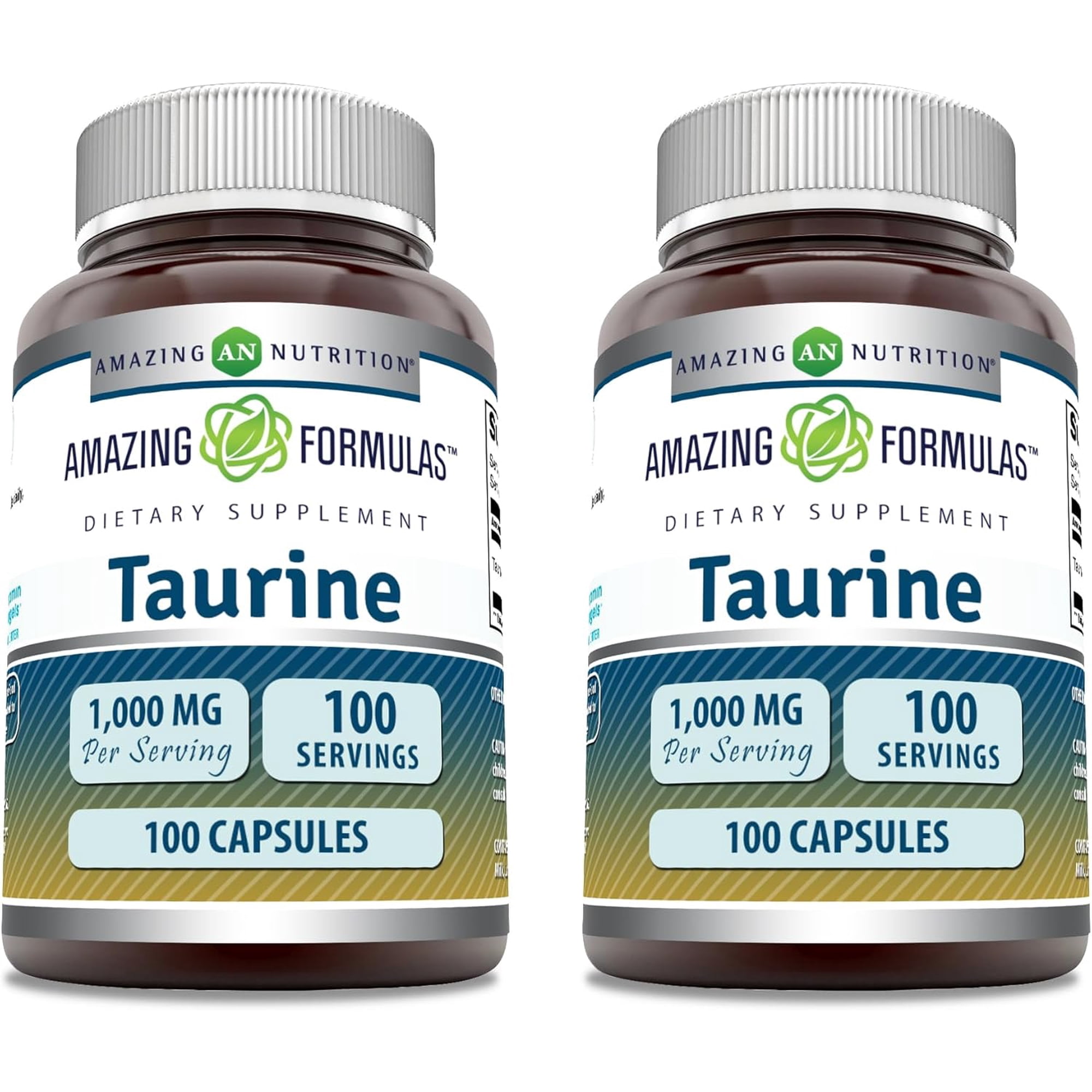 Amazing Formulas Taurine 1000mg Per Serving 100 Capsules Amino Acid Supplement | Non-GMO | Gluten Free | Pack of 2
