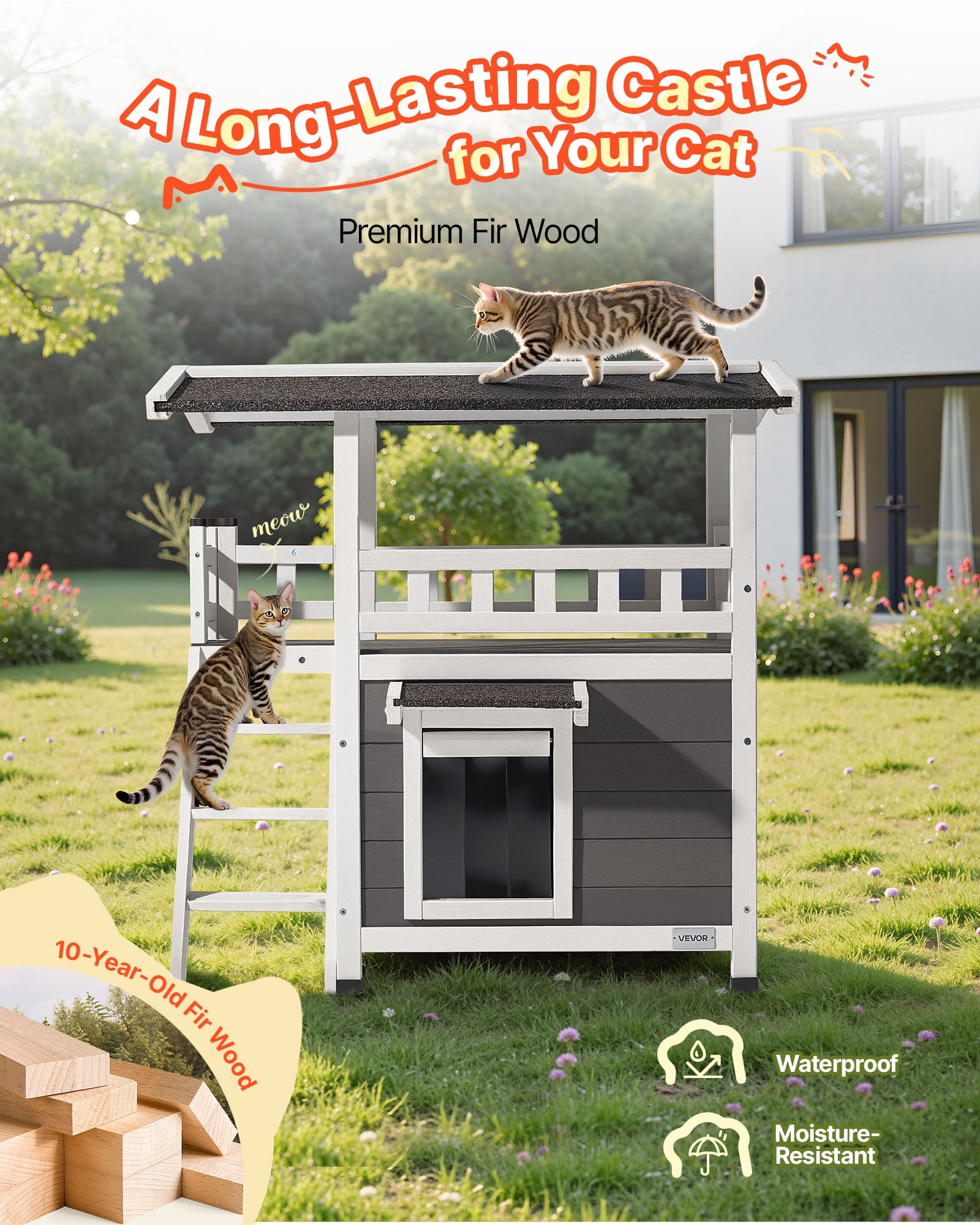 VEVOR Outdoor Cat House, 2-Story Wooden Cat Shelter with Stairs & Balcony, Elevated Feral Kitty Shelter, Spacious Room, Waterproof Cats Condos for Indoor & Outdoor Cats in Winter 30 x 22 x 30 in