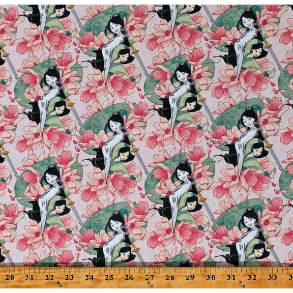 Cotton Mulan Floral Disney Princess China Chinese Asian Flowers Pink Cotton Fabric Print by the Yard (70028-C470710)