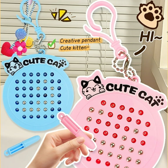 Cute Cat Magnetic Bead Maze Keychain, Mini Drawing Board and Fidget Toy for Stress Relief, Blue Color Portable Travel Activity