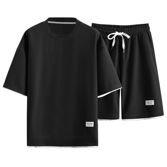Glisme Men's Pyjamas 2 Piece Solid Color Short Sleeve Crew Neck Nightwear With Shorts Set Summer Comfortable Pajamas For Men Size 4XL Black