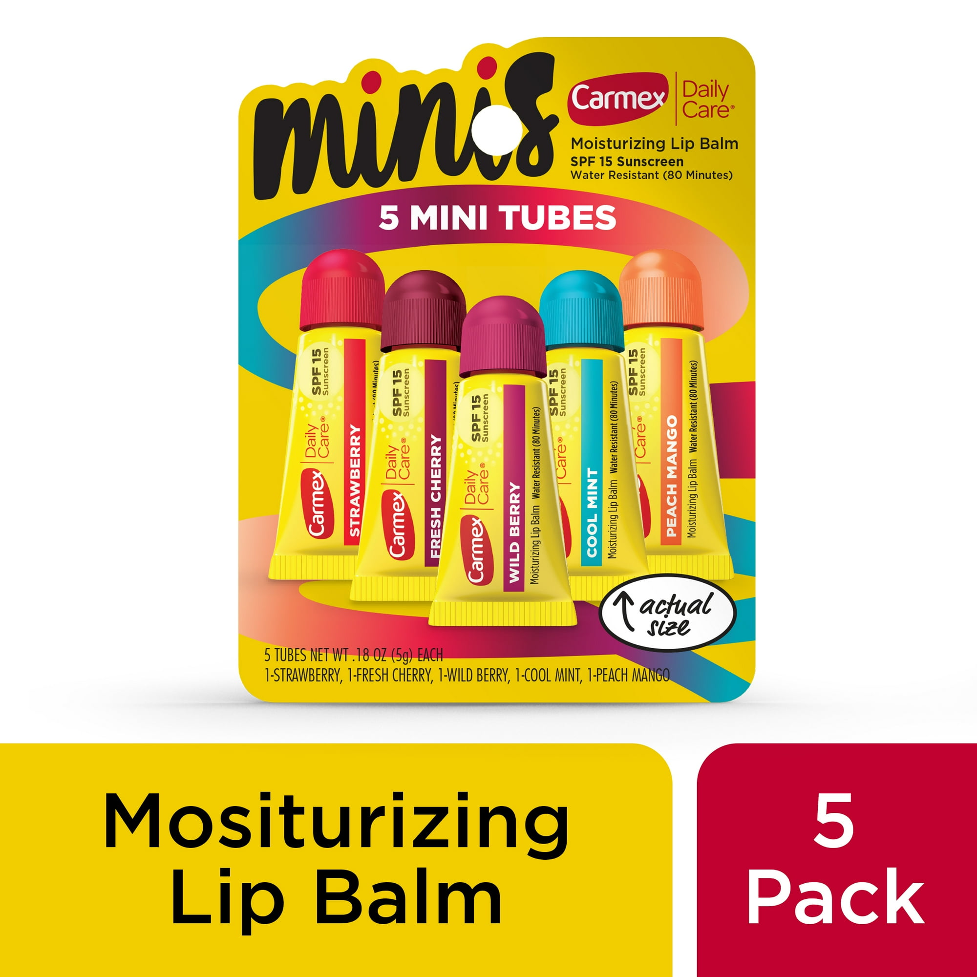 Carmex Daily Care Minis Moisturizing Lip Balm Tubes with SPF 15, Strawberry, Cool Mint, Wild Berry, Peach Mango and Fresh Cherry Lip Balm Pack - 0.18 0z Each, 5 Count