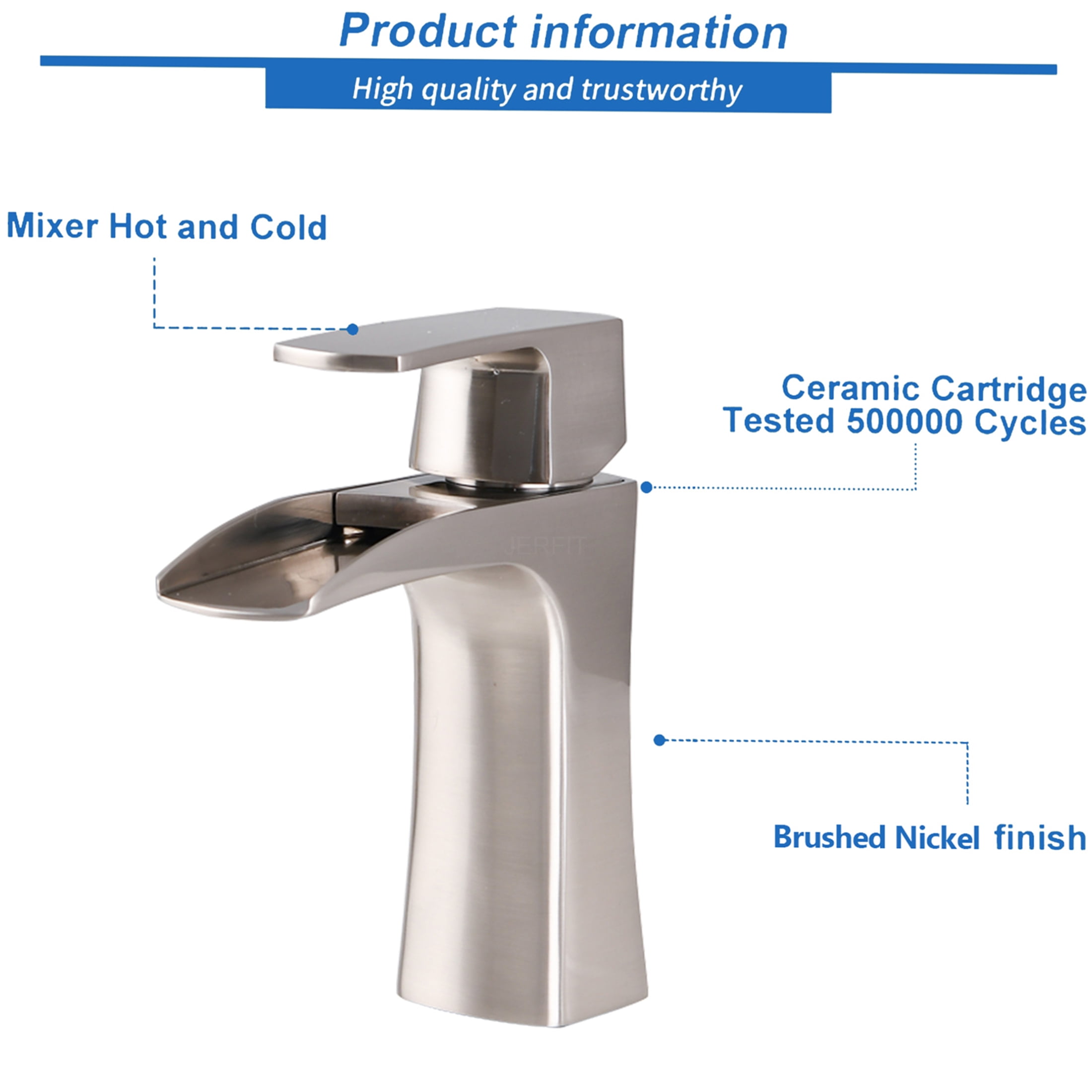 JERFIT Waterfall Bathroom Sink Faucet Single Handle, Brushed Nickel 1-Hole Vessel Vanity Tap with Pop-Up Drain, Brass Construction
