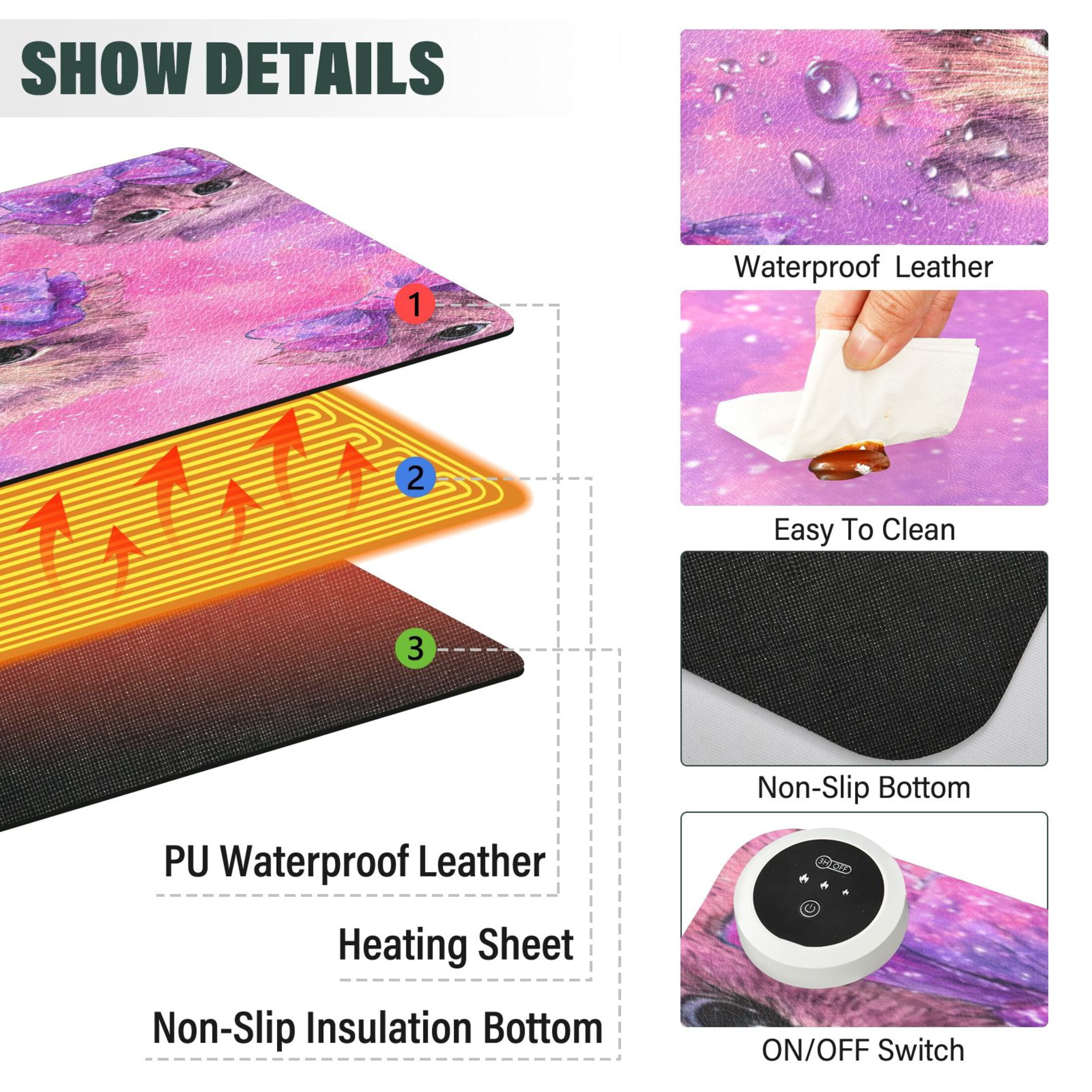 Large Heated Desk Mat Mouse Pad 31.5"x13"PU Leather Graphene Heating Desk Warmer with 3 Temperature Settings 110V US Plug Non-Slip Warm Pad for Home, Office, and Gaming Adorable Orange Cat Pattern