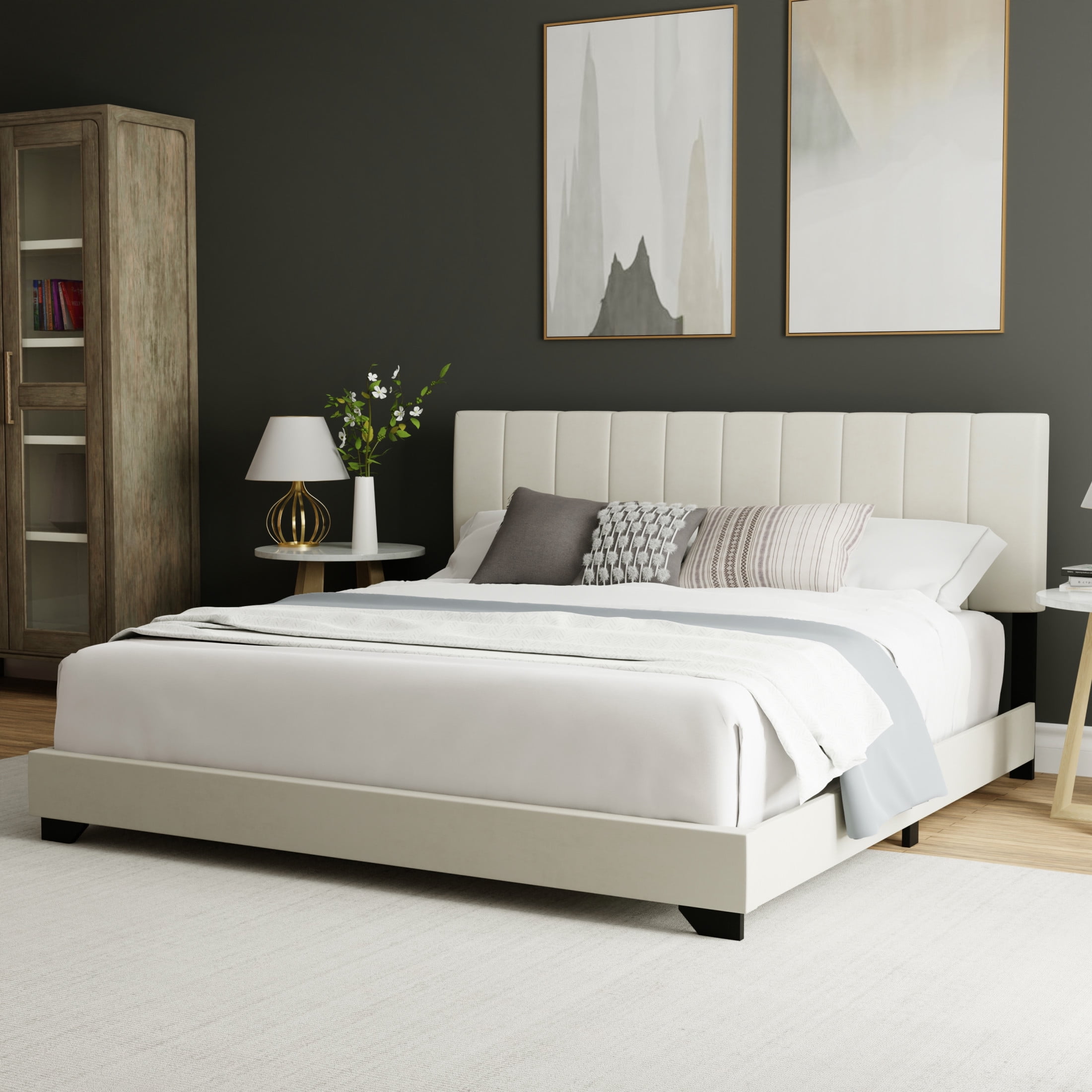 Reece Channel Stitched Upholstered King Bed, Ivory, by Hillsdale Living Essentials
