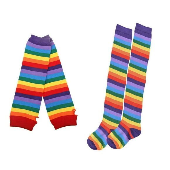 2 Sets Women Girl Colorful Rainbow Striped socks Women rainbow mitten Long Gloves Socks Warmer Arm Fingerless Knit Mittens Sockings