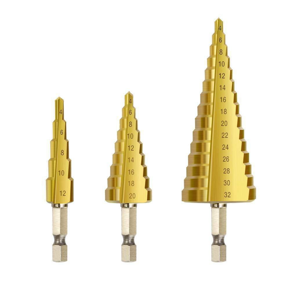 3PCS Step Drill Bits Set HSS Tin-Coated Cone Hole Cutter 4-12/20/32mm Cloth 