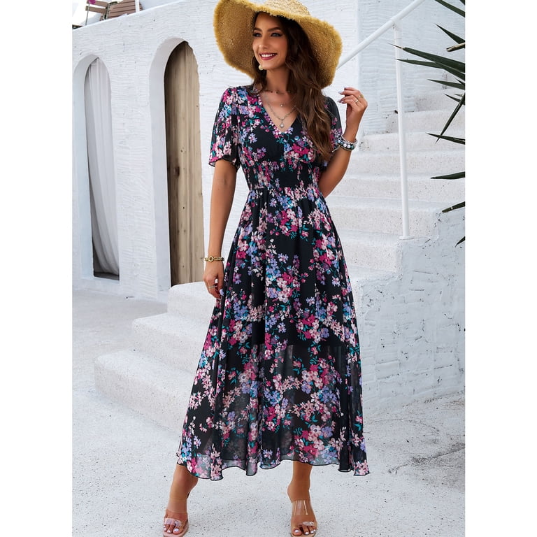 YNIQUE Women's Casual Dress Deep V-Neck Short Sleeve Chiffon Elegant Long  Dresses - Walmart.com