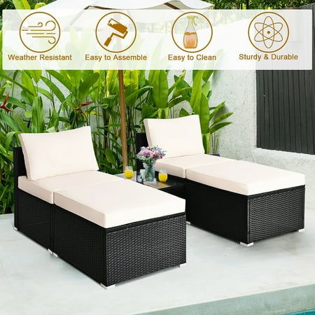 Costway 5PCS Patio Rattan Wicker Furniture Set Armless Sofa Ottoman