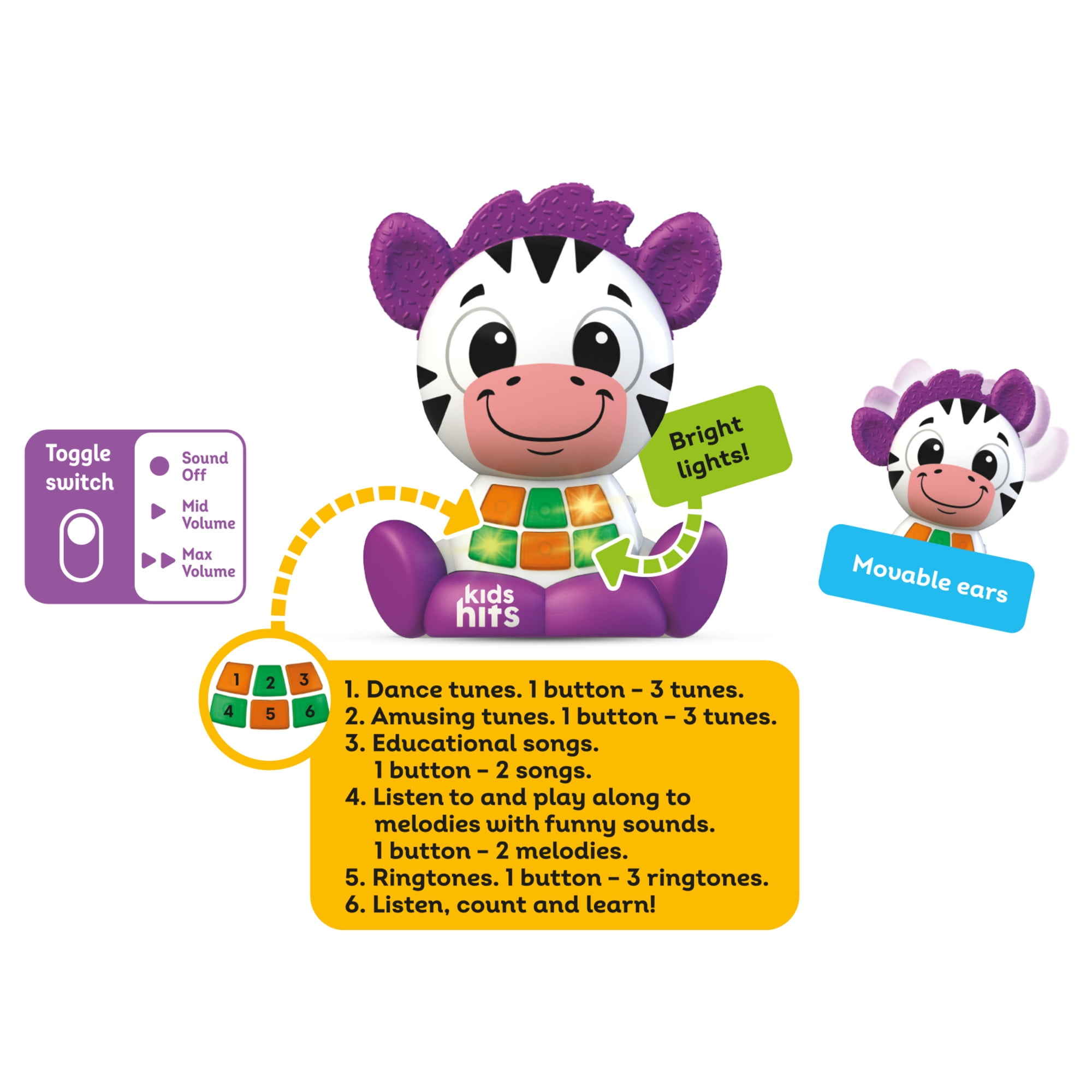 Kids Hits: Babykins Zebra - Lights & Sounds Toy, Playful Musical Tunes, Interactive Buttons, Moving Parts, ABC & Counting Play, Kids & Toddlers 2+