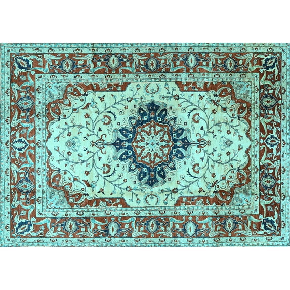 Ahgly Company Machine Washable Indoor Rectangle Medallion Light Blue Traditional Area Rugs, 7' x 10'