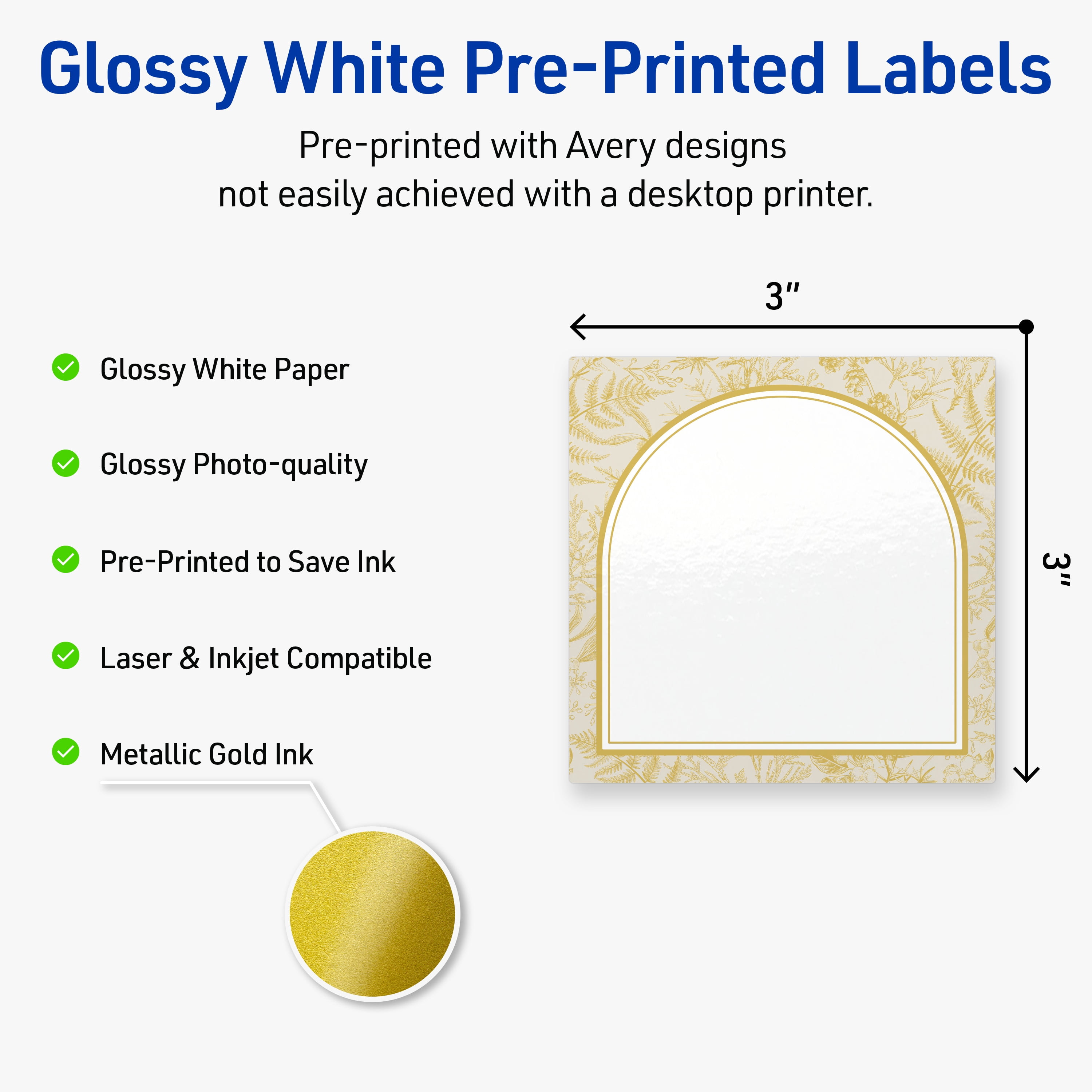 Avery Square Labels, 3" x 3", Gold Arch Florals Design, Glossy