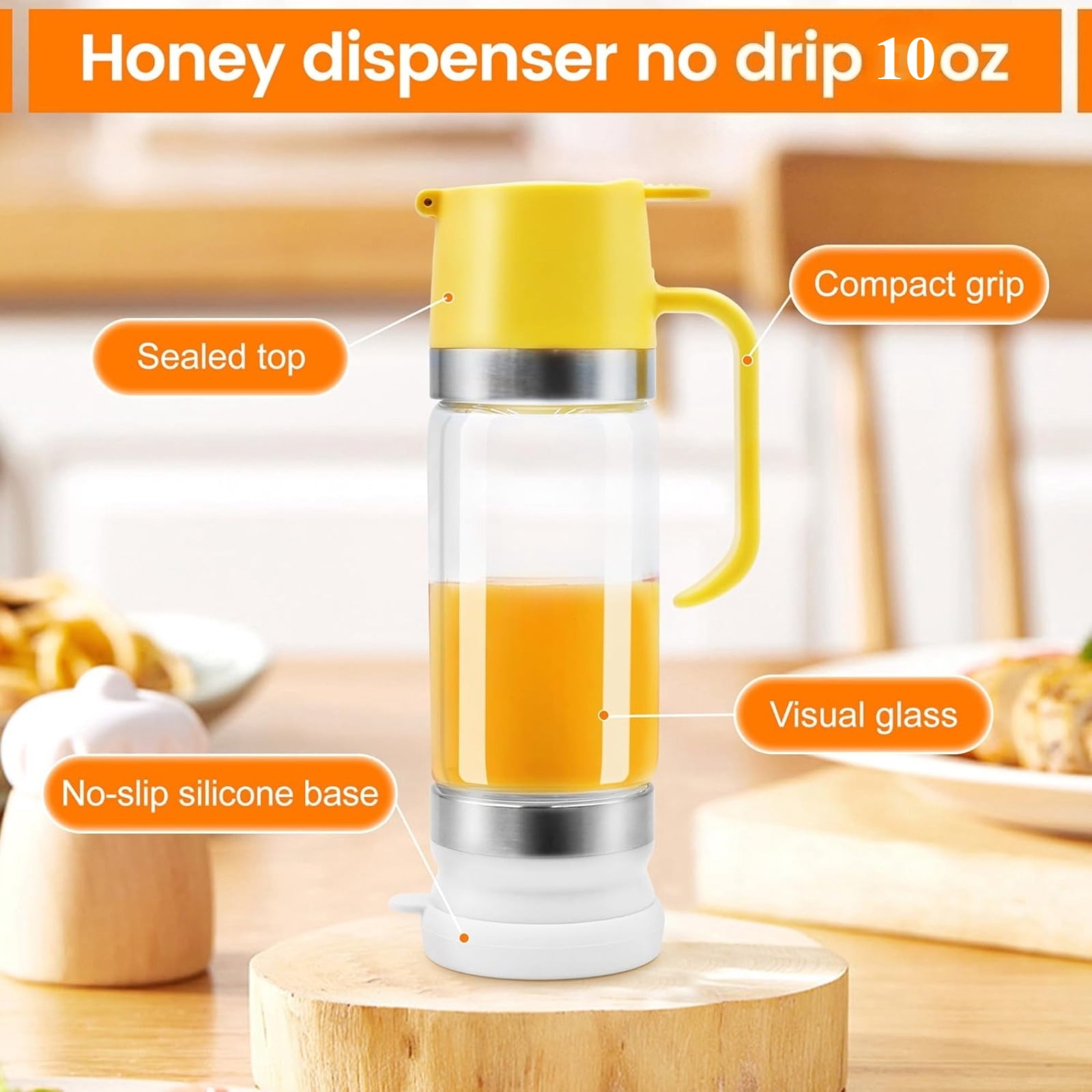 No-Drip Glass Honey Dispenser 10 OZ - Honey Jar with Handle Base, Syrup Dispenser for Maple Syrup Coffee Tea, Mess-Free Container for Pancakes