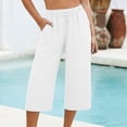thumbnail image 5 of Petite Capris Pants for Women Cotton Linen Casual Summer Straight Wide Leg Loose Pull on Below Knee Drawstring Elastic Waist Cropped Trouser White S, 5 of 5