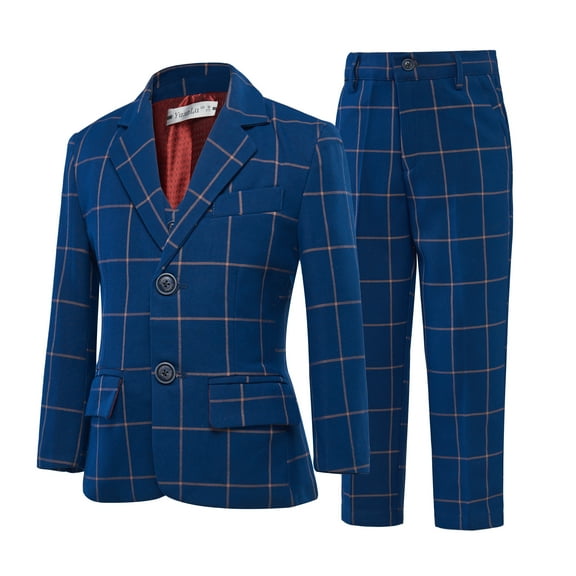 ETHAN 3 Piece Kids Suit for Boys with Plaid Boy Formal Outfit Suit Toddler Boy Blazer Navy Blue Size 10-12 Years