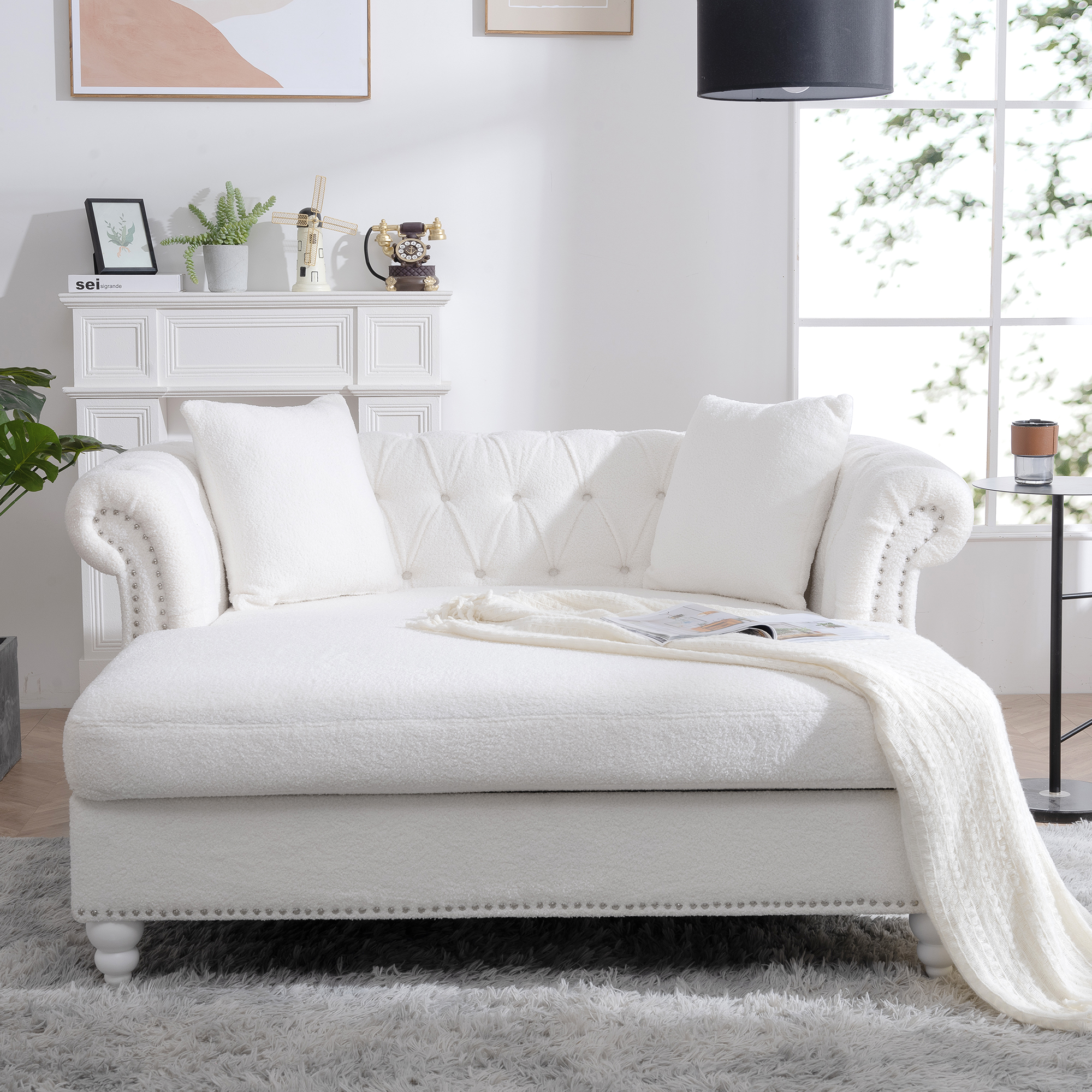 Chesterfield Sofa Chaise Lounge, Polyester Tufted Couch Loveseat With Nailhead Trim and Rolled Arms For Living Room Office Apartment