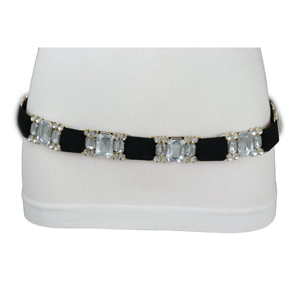 Women Black Elastic Belt Silver Bling Gold Metal Buckle S M