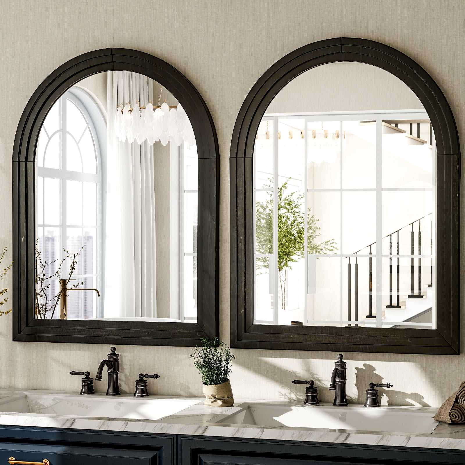 Easy4Home 36"x24" Arched Bathroom Mirror with Wooden Frame Decorative Wall Mounted Mirror, Black
