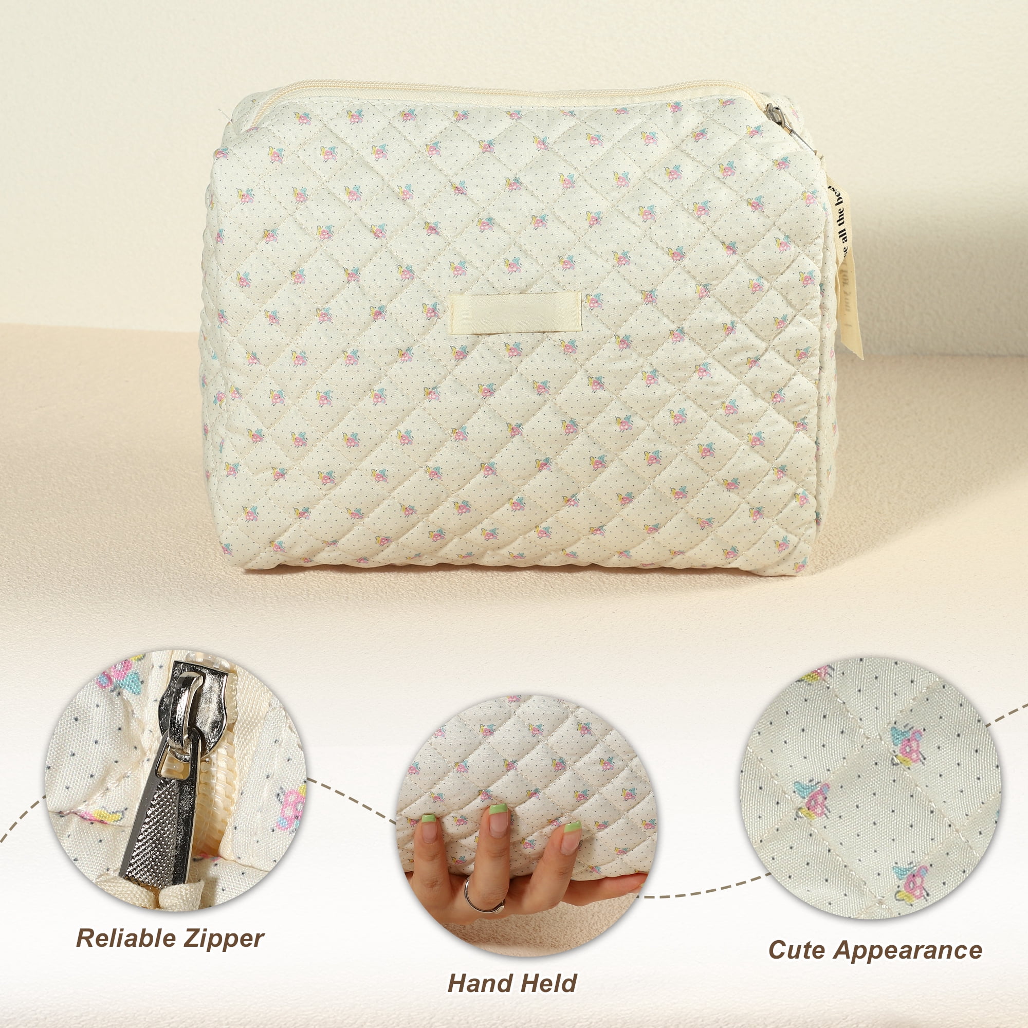 Unique Bargains Large Travel Cosmetic Pouch Quilted Toiletry Cotton Makeup Bag Beige