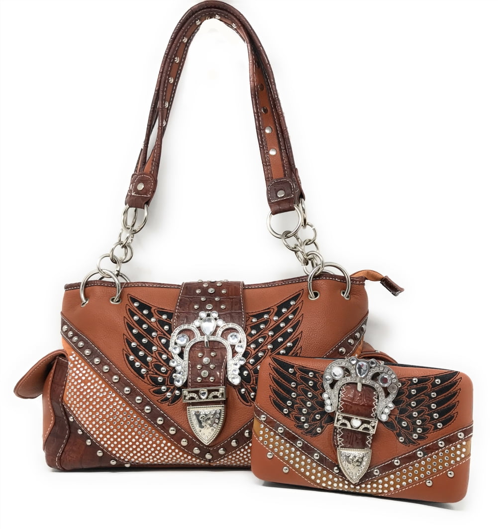 Western Handbag Wallet Set Rhinestone Fashion Two Tone Bling Purse Wallet Set 