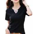 thumbnail image 4 of Sarapandan T Shirt V Neck Short Sleeves Slim Fit Pure Color Soft Comfortable Cotton Polyester Women Summer Tees for Daily Black XL, 4 of 7