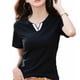 thumbnail image 4 of Camiseta de cuello en V de manga corta, corte ajustado, color puro, suave, cómoda, de algodón y poliéster, para mujer, camisetas de verano para uso diario, color negro L, 4 of 12