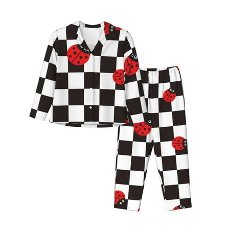 2 Piece Womens Pajama Sets - Ladybugs Of Black And White Checkers Soft Sleepwear Comfy Pajamas Ladies Pj Lounge Sets with Pockets  Long Sleeve Button Shirt and Pajama Pants Pjs Sets for Women