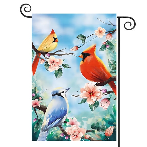DMERBYL Welcome Spring Cardinals Garden Flag 12x18 Double Sided, Burlap Small Vertical Flower Bird Floral Garden Yard House Flags for Spring Summer Seasonal Outside Outdoor House Decor (ONLY FLAG)