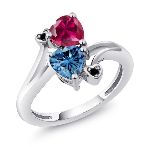 Gem Stone King 925 Sterling Silver Red Created Ruby Persian Blue Moissanite and Black Diamond Ring for Women (1.80 Cttw, Heart Shape 6MM, Gemstone July Birthstone, Size 5)