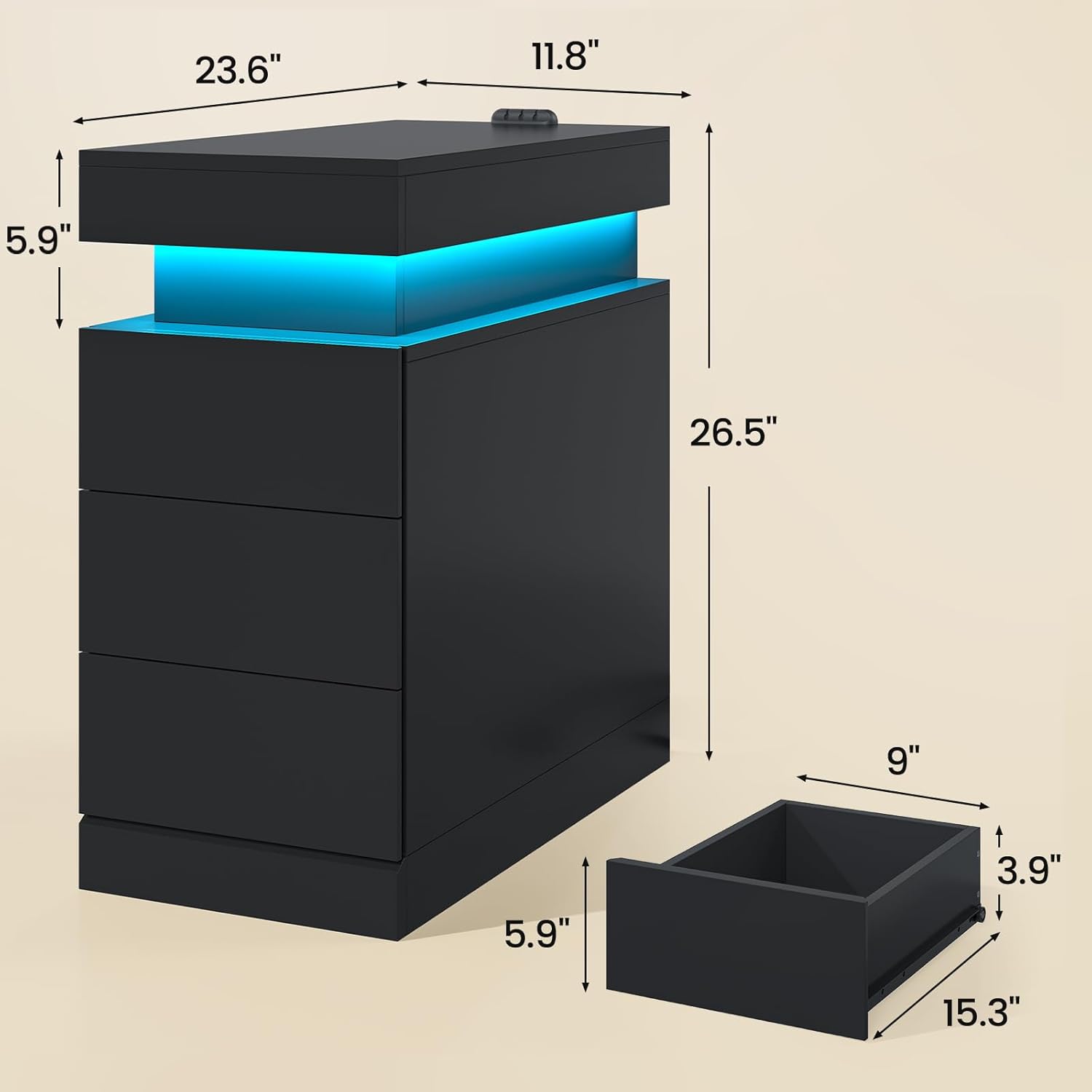 Narrow End Table with Sliding Top, Nightstand with Charging Station and 3 Drawers, Bedside Table for Living Room Bedroom Small Space, Black