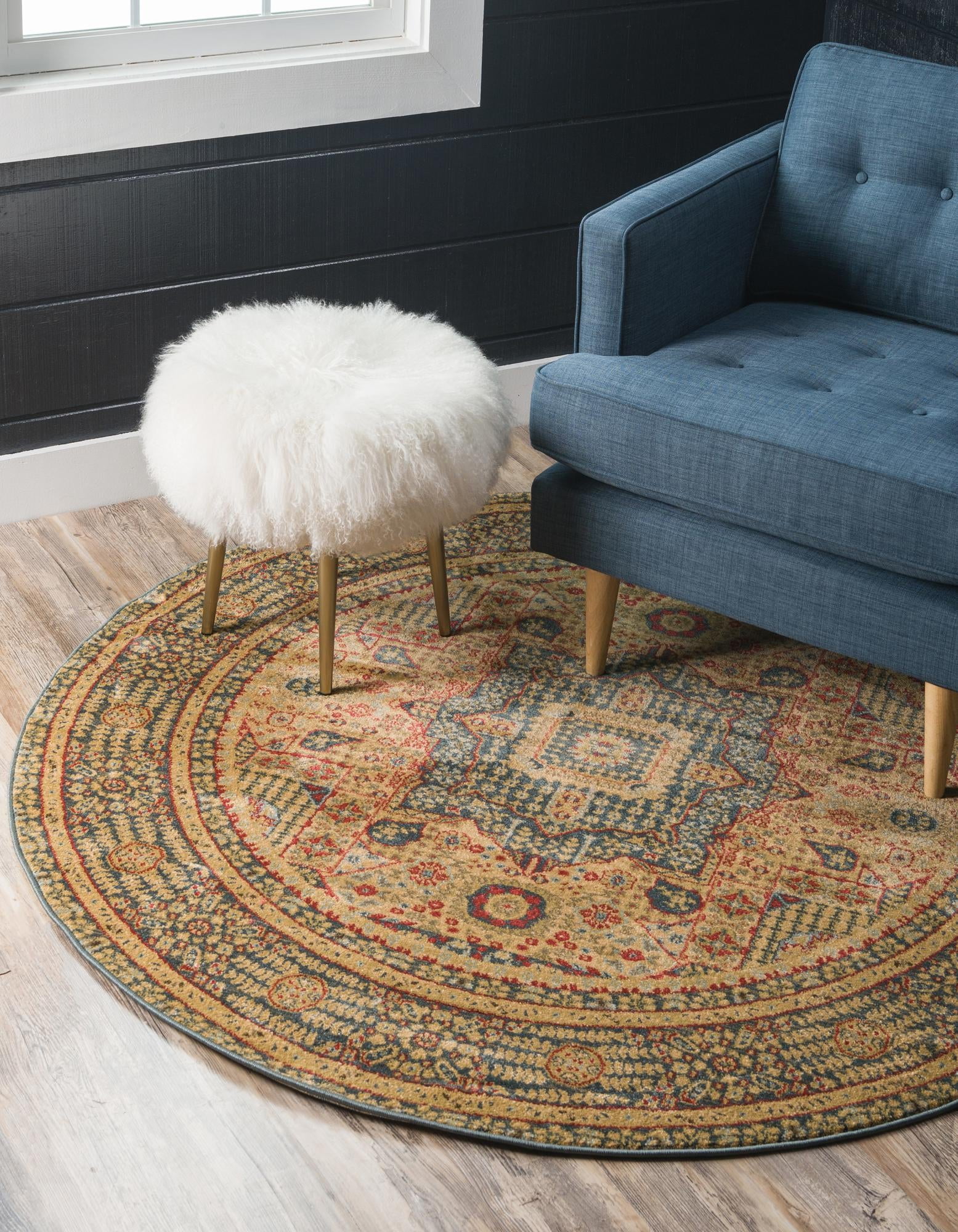 Amina Collection Rug 8' Round Blue Flatweave Rug Perfect For