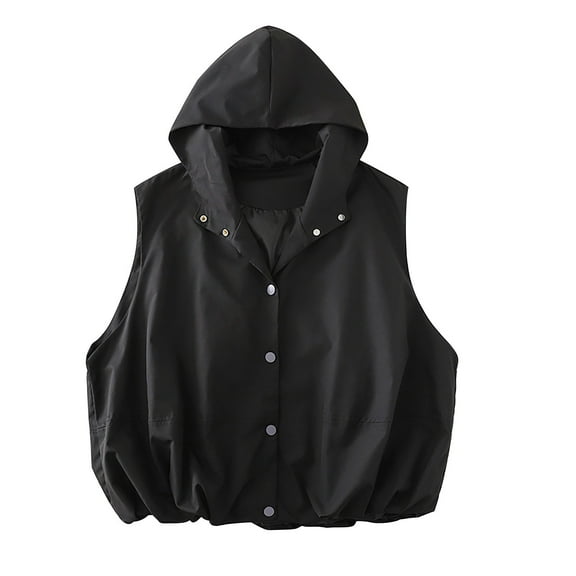 Hooded Vest for Women Loose Sleeveless Jacket Casual Cropped Jacket with Pockets Ruched Hem Oversized Button Down Lightweight Black L