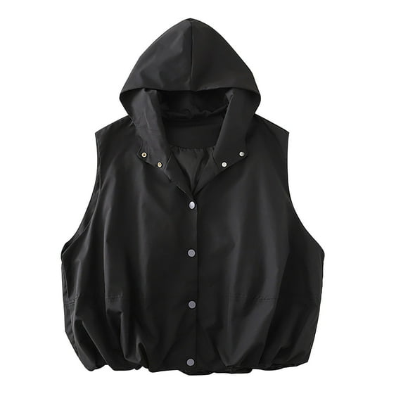 Gpaecead Womens Casual Button Up Vest Sleeveless Hooded Jacket With Pockets Vest Ruched Hem Lightweight Waistcoats