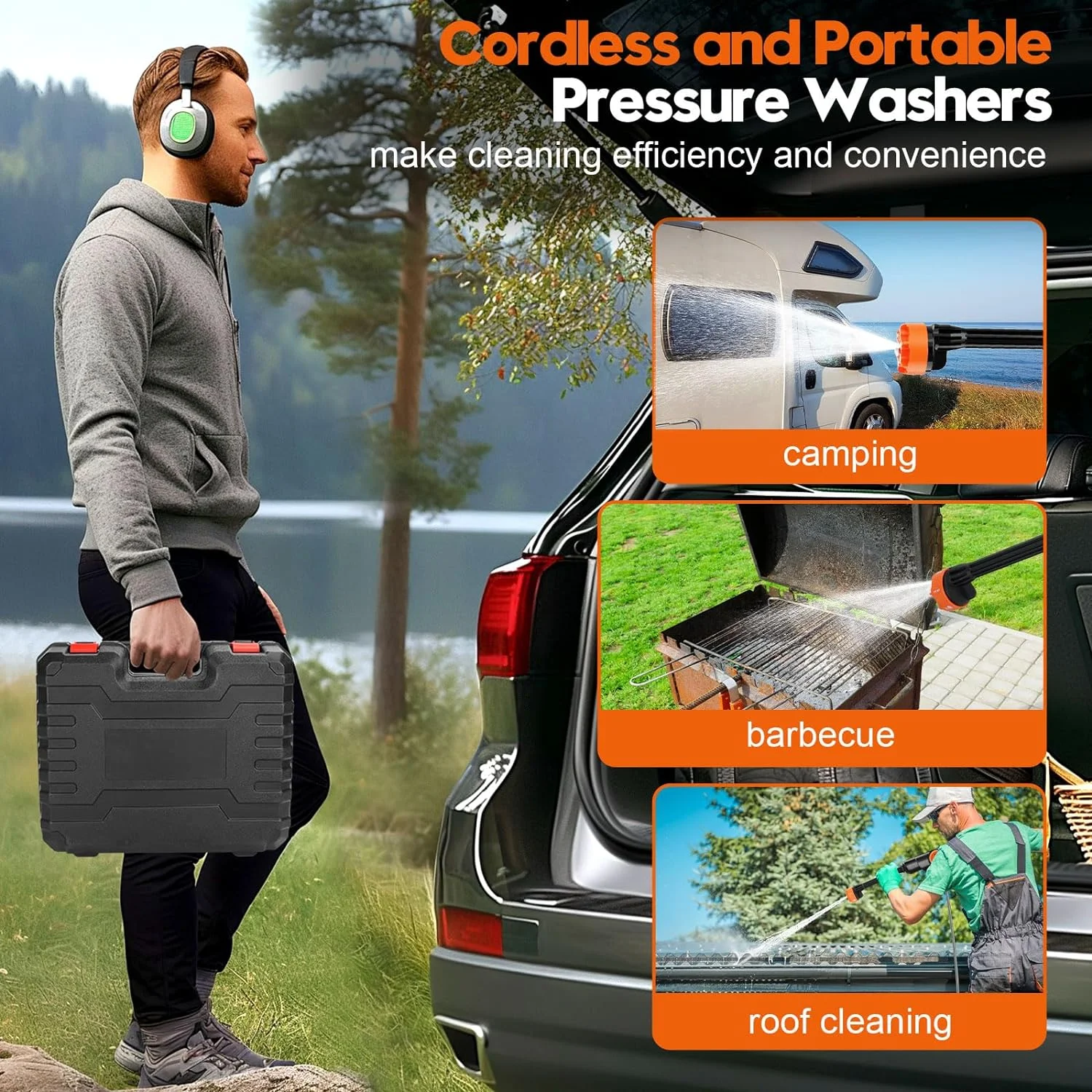 500PSI Cordless Pressure Washer w/ 2 Battery, Adjustable 6-in-1 Nozzle Portable Handheld Electric Power Washer with 16.4ft Hose for Car, Home, Patios