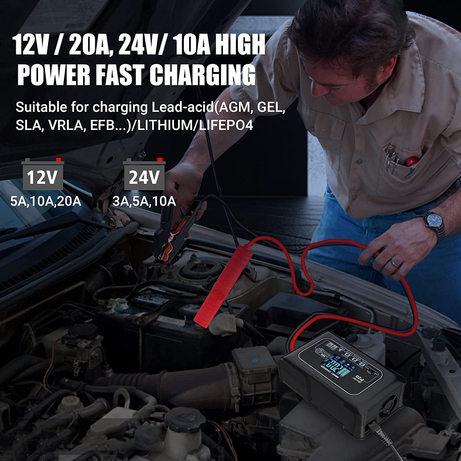 CACHOR 20-Amp Smart Battery Charger,Lithium,LiFePO4,Lead-Acid(AGM/Gel/SLA..) Car Battery Charger,Trickle Charger, Maintainer/deep Cycle Charger,12V/20A and 24V/10A,for Boat,Motorcycle,Lawn Mower,Golf