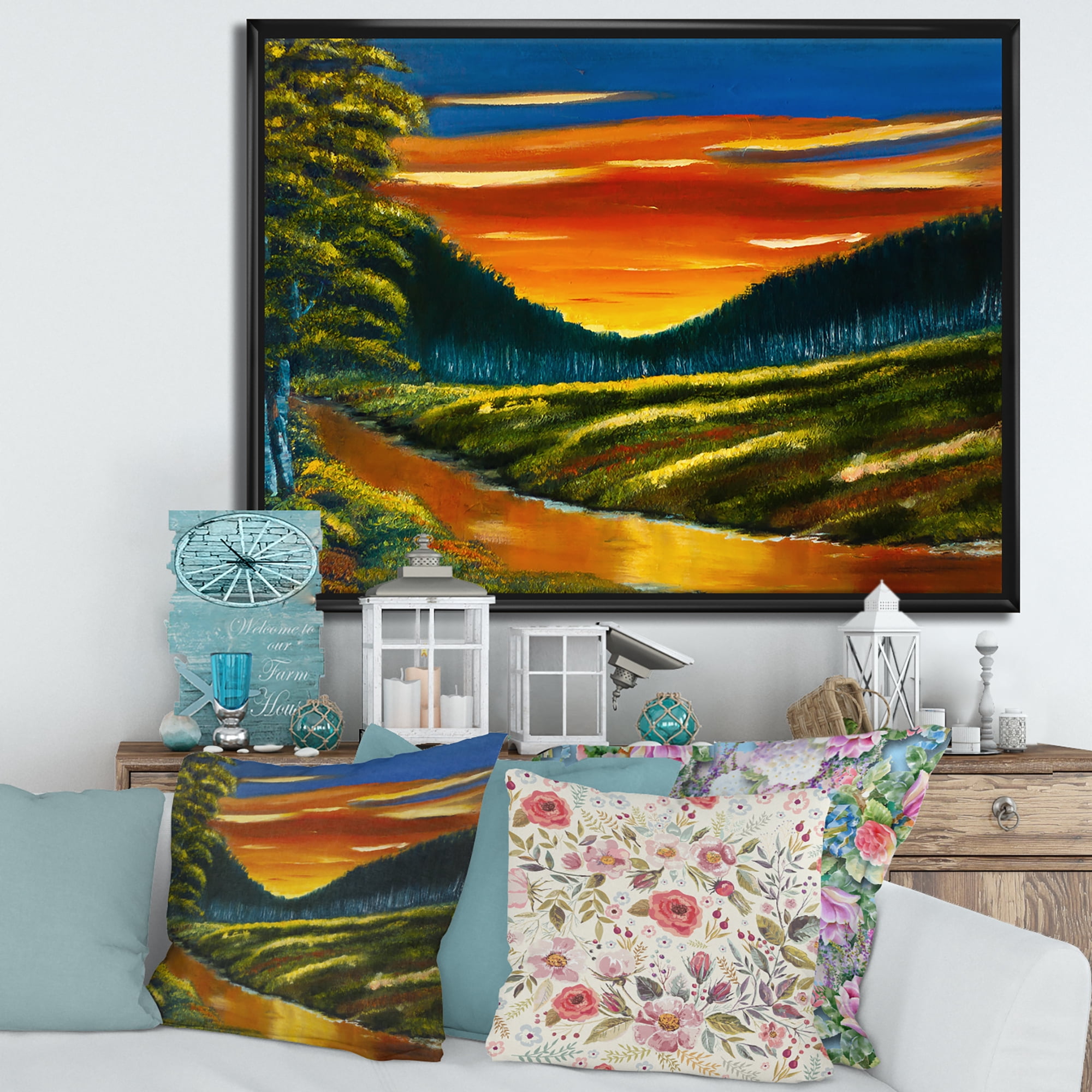 Designart 'Warm Coloured Sunset Glow Above The Lotus Swamp' Traditional Framed Canvas Wall Art Print
