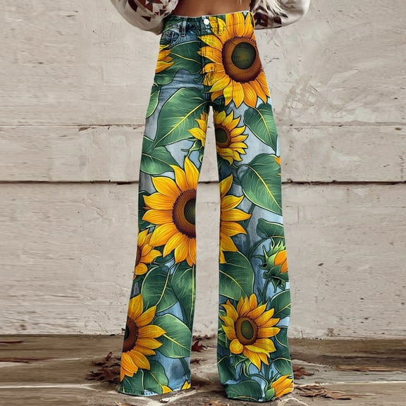 YanHoo Floral Printed High Waisted Jeans for Women Casual Stretchy Wide Leg Boyfriend Trousers Baggy Trendy Y2k Denim Pants Green,XXL