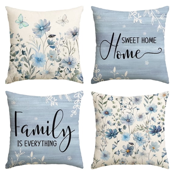 Brythos Blue Floral Birds Pillow Covers Set of 4, 18x18 inches Sweet Home Family Spring Decor