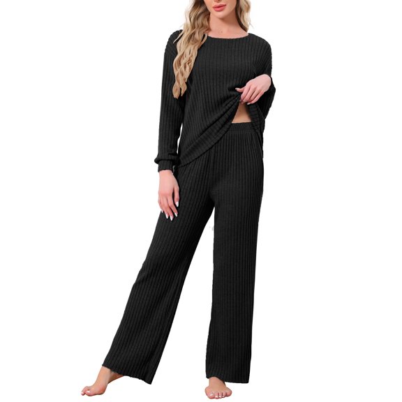 DARING DIVA Ribbed Knit Pajama 2 Piece Long Sleeve Top Pants Sleepwear S Black