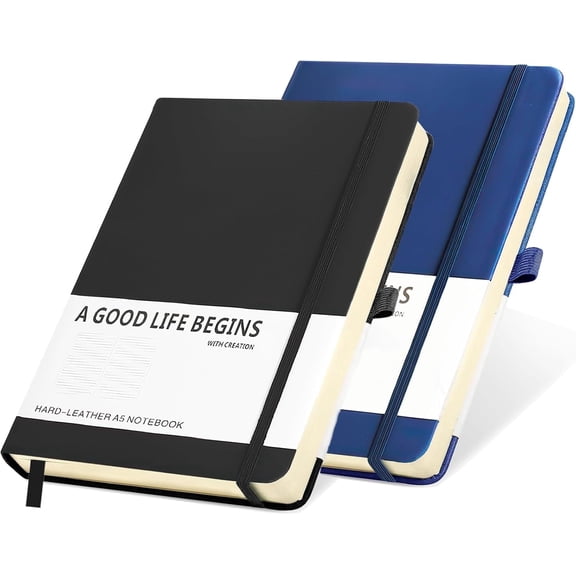 SAYEEC 2-Pack Black & Blue 5.5"x8.3" Classic Hardcover Lined Journal Notebook, 200 Pages with Pen Loop & Inner Pocket for Writing & Meetings