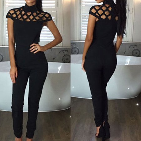 2019 Newest Hot Summer Sexy O-Neck Short Sleeve Jumpsuits Simple Hollow Out Elegant Overalls Women Jumpsuit Black Size (Best Jumpsuits Summer 2019)